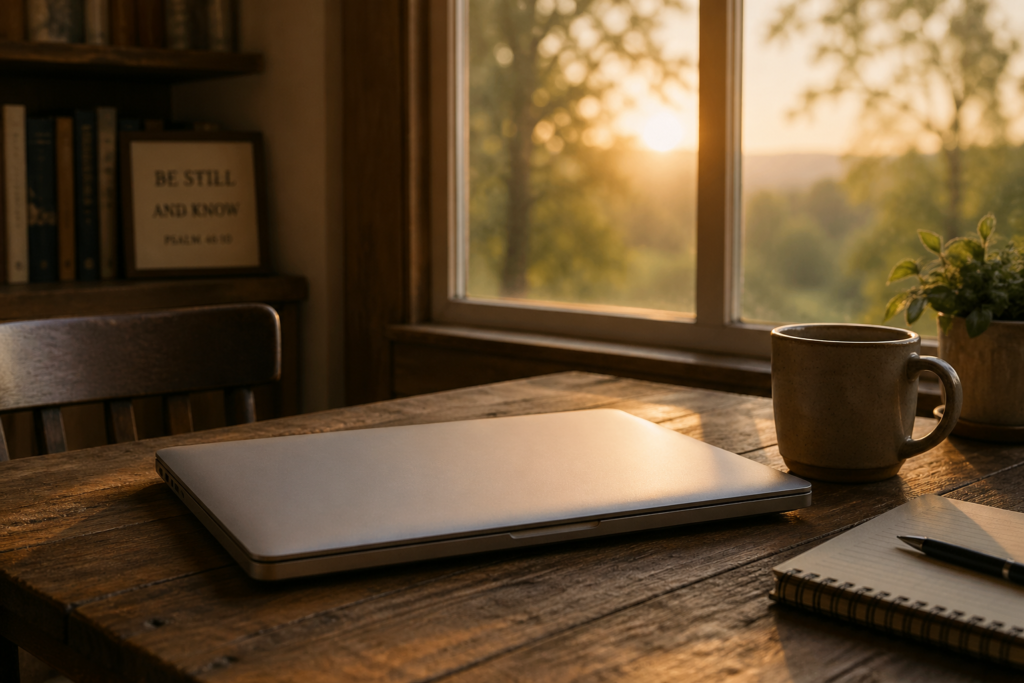 Closed laptop on a wooden table in warm evening light beside a coffee mug.