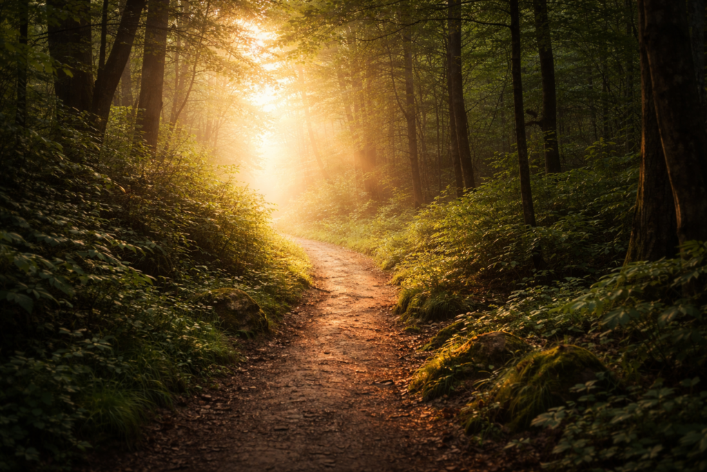 Sunlit forest path winding through trees toward a bright clearing