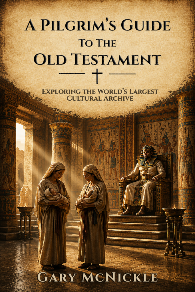 Cover of A Pilgrim's Guide to the Old Testament by Gary McNickle, depicting two Hebrew midwives holding infants before Pharaoh in an ancient Egyptian throne room.