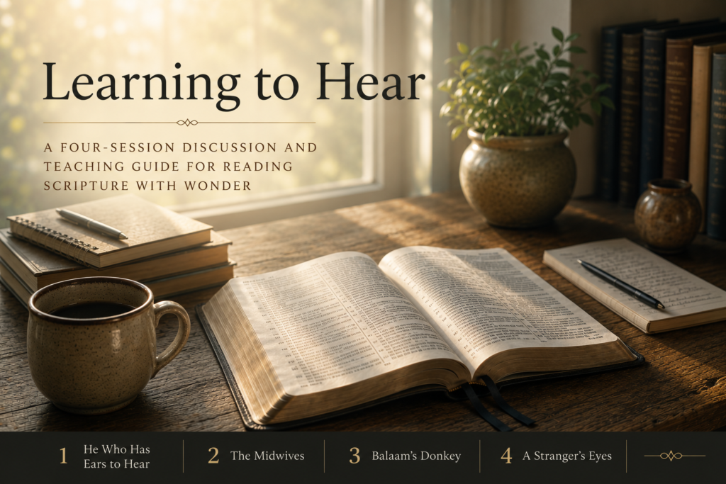 Open Bible on a wooden desk with books, notebook, and coffee mug in warm morning light, used as the featured image for "Learning to Hear."