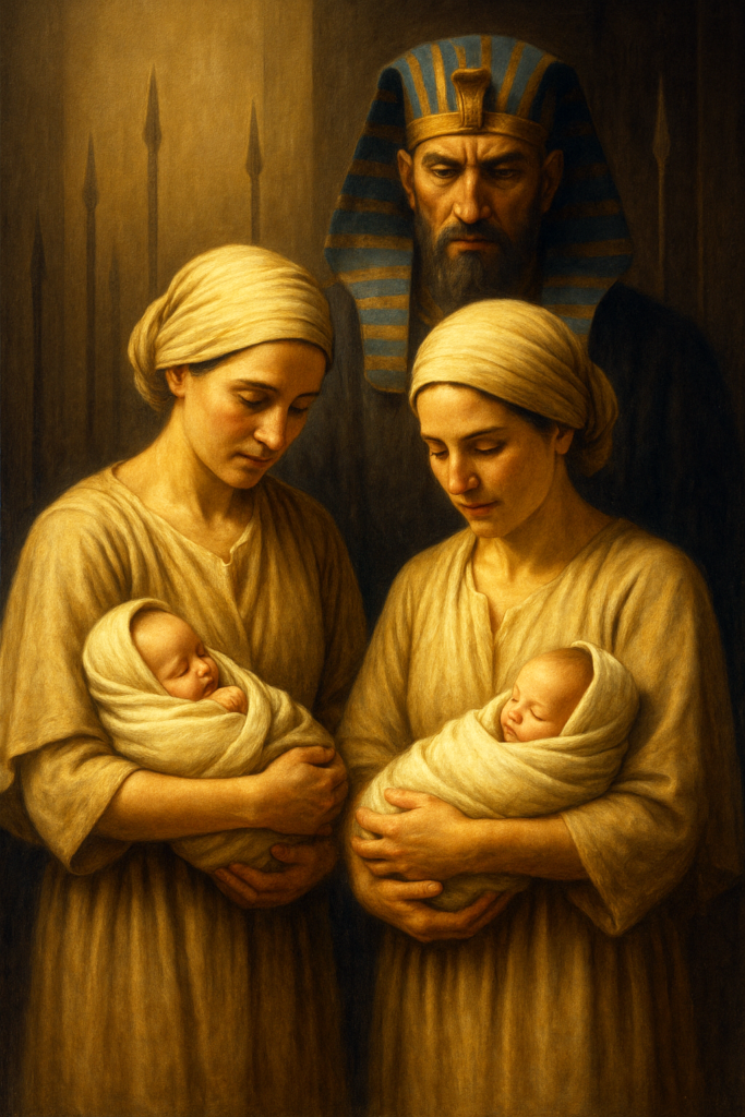 Two women holding swaddled infants stand before an Egyptian pharaoh in a warmly lit, painterly scene.